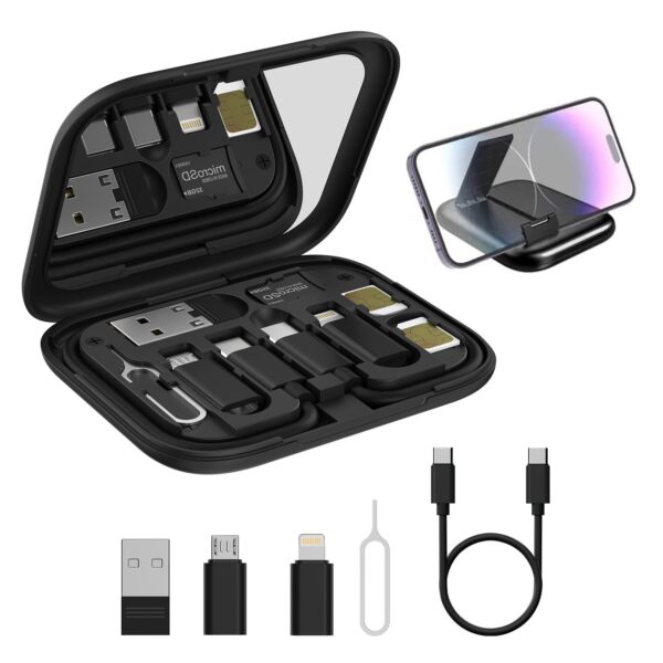 Portronics Snapcase 60W Multifunctional Fast Charging Data Cable Kit, Conversion Set USB A & Type C to Male Micro/Type C/Lightning,Data Transfer,Sim Storage,Sim Eject Pin,Pocket Mirror,Phone Holder