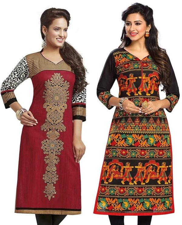 Jevi Prints Women's Cotton Printed Straight Kurti | Jaipuri Kurtis for Women (Pack of 2)