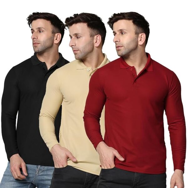 INKKR Men's Soild Full Sleeve Polo Neck T-Shirt Combo