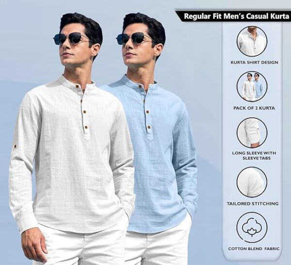 Zombom Combo of Men's Solid Cotton Blend Full Sleeve Straight Kurta Shirt (Pack of 2)
