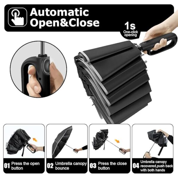 PALAY® Large Umbrella for Men Women with Reflective Strap, Automatic Open/Close Windproof Travel Folding Umbrella, Reinforced 10 Dual Ribs, 99% UV Protection Umbrella with Carabiner Handle Design